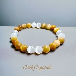 Gold Tiger Eye With Selenite Bracelet Natural Stones 8mm Unisex